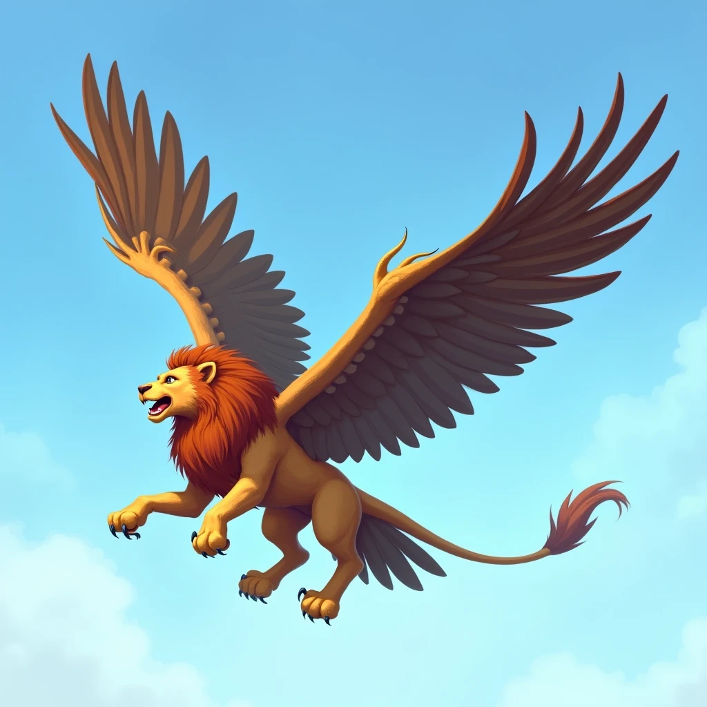 Legendary creature with the wings and upper body of an eagle and the lower body of a lion is flying blue sky, don't draw lion's head, 