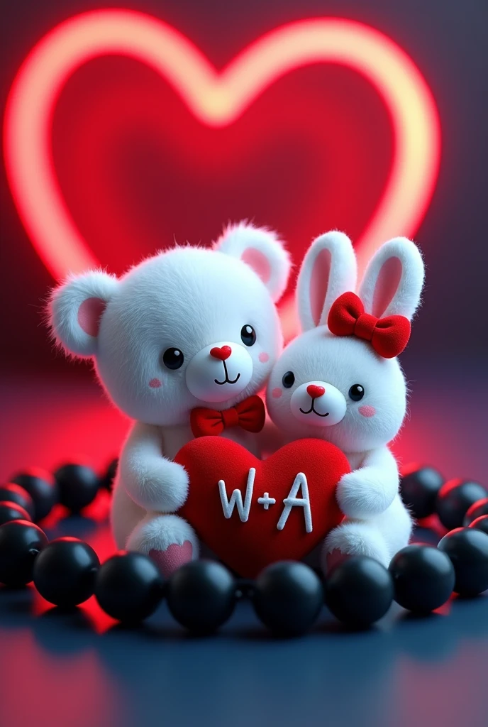 A 3D render of a white teddy bear and a white bunny rabbit wearing a red bow holding a red heart "W + A" written on it in Capital alphabets, are standing in a black beaded bracelet. The bracelet is sitting on a dark red and blue surface with a neon red heart shape in the background.  The image is in the style of a cute cartoon.