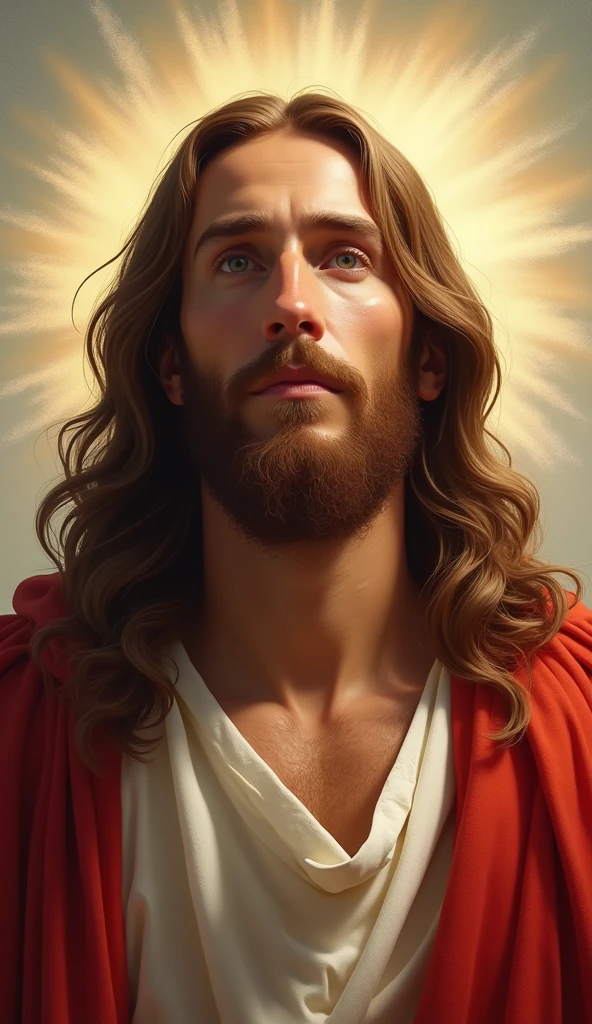 Arafed's image of a man with long hair and beard., portrait of Jesus Christ, Jesus Christ, Greg Olsen, Jesus of Nazareth, painted in high resolution, the lord and savior, Jon McNaughton, 8k resolution. oil on canvas, face of jesus, religious masterpiece portrait, ultra detail. Digital paint, dressed as Jesus Christ, very beautiful portrait, heavenly background