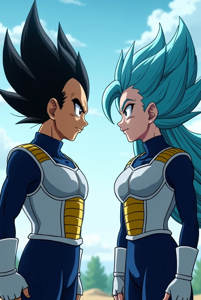 Vegeta's hair is standing on end. He was wearing a dark blue suit and over it the typical armor that Saiyans wear. against his daughter Bura, well, Dragon Ball GT Bura, Girl with light blue hair, blue eyes, dark blue suit, Typical armor used by Saiyans, loose hair, Blows, father and daughter, ,