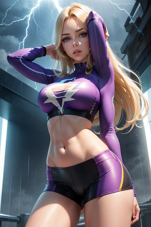 woman lightning fused sexy short yoga clothes tiny top blue eyes look at the sky very long hair yellow lips purple makeup athletic body slim waist big breasts big buttocks. . rain rays