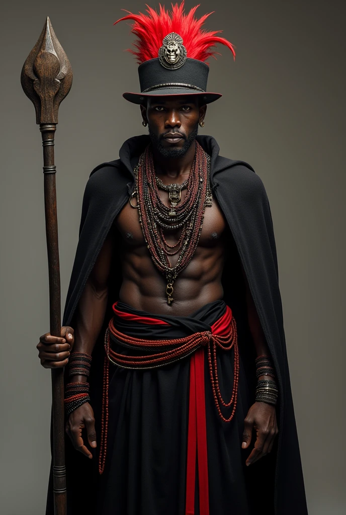 A tall, imposing Afro-Brazilian figure, approximately 1.85m in height, with an angular, expressive face. His skin is dark, and his eyes are piercing black, deep and intense, appearing to see beyond the physical world. He has a broad, well-defined nose symbolizing determination, and full lips that curve into an enigmatic smile, both sensual and powerful. His posture is erect and intimidating, emphasizing his height. He is dressed in traditional black garments with rich red accents, possibly a flowing cape adorned with symbols of power and authority. He wears a black felt hat with red feathers, a necklace of black and red beads, and holds a dark wooden staff used to open and close spiritual paths. A metal chain with a key dangles from his neck, symbolizing his role as a gatekeeper. His expression is serious and almost impenetrable, reflecting wisdom and cunning. His presence is both majestic and mysterious, embodying the ancestral warrior spirit of the Bantu people.