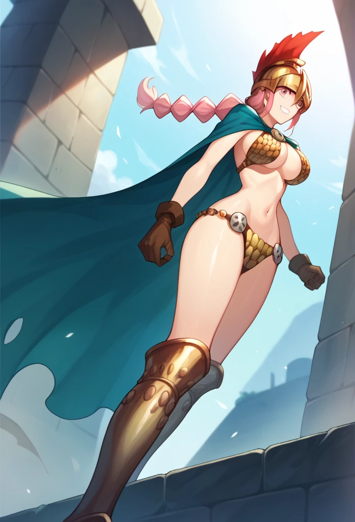 1girl, Solo, rebecca, anime style, breasts, bikini armor, pink hair, pink eyes, armor, cape, large breasts, braid, long hair, cleavage, gloves, navel, boots, shiny skin, helmet, From Behind, smile, From Below, cape wavering in fronts, cape infront, long cape 