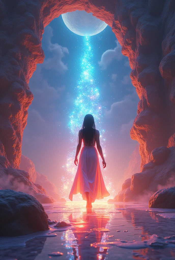 design a 3d book cover for a book named-Alii Ao(I'm writing a isekai!), imagine the scene opens in an endless, unmoving expanse where there is no water, only a profound miraculousness. This is the domain of the Deity, a being who exists outside the concept of time and space.
The Deity, a figure of boundless wisdom and strength, observes this blank canvas. Today is a unique day: the Deity notices the absence of any celestial bodies in the sky. Though the world is bright, the heavens are void. To the Deity, this is perfection—a realm beyond light, beyond time. Here, a day feels like light year. The concept of age and time become irrelevant. She looks african american herr abode is not a house or castle but a mesmerizing construct of colors beyond human comprehension, resonating with vibrations that defy our understanding. She moves through this space with ease, turning nothing into a desired hologram, creating a grid of light and matter as she goes. In the kitchen, the Deity grabs snacks and drinks, tossing them casually before moving upstairs. The room materializes with every step—the grid of light printing out as if constructing reality from scratch. She sits down, puts on headphones, and grabs a gaming controller. As the console powers up, a sudden loud boom echoes through the space. Her beautiful african american skin radiates as if in another world.