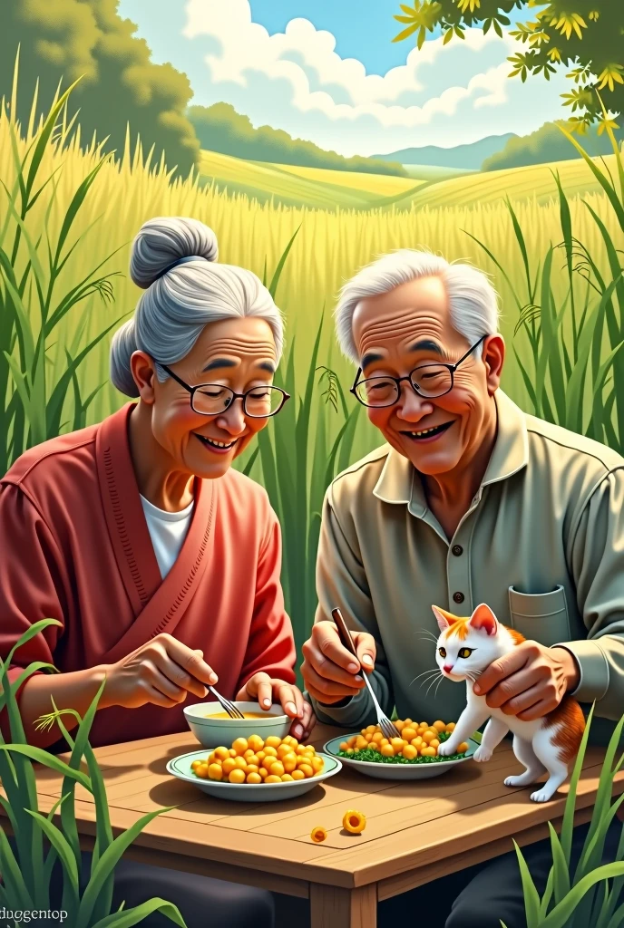 ((best quality)), ((Masterpiece)), (details), perfect face. Grandparents sit and eat in a rice field with one cat and one little cat.
