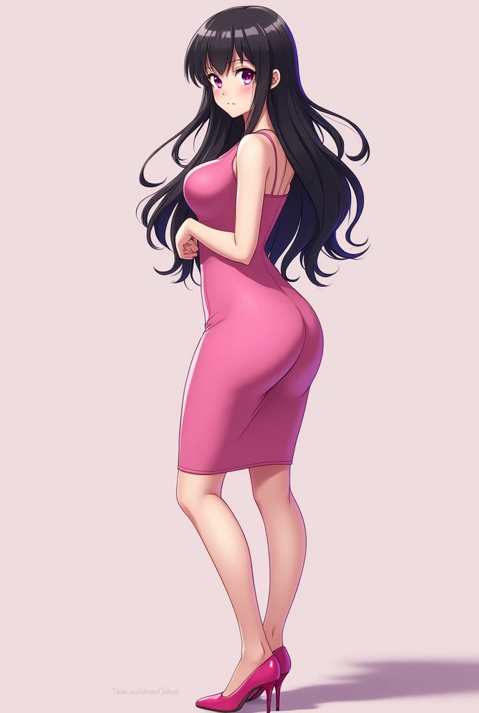 Draw a woman in a tight dress , voluptuous , physically attractive, purple eyes , DARK hair , light skin tone pink dress color pink shoes anime version