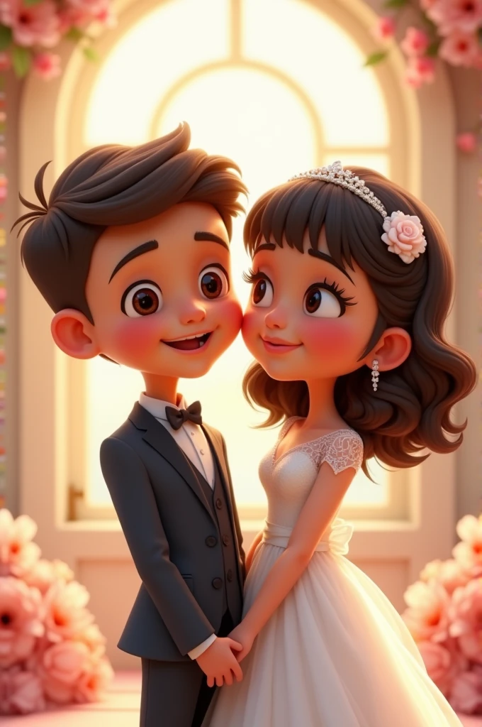 Animated bride and groom image, the thin girl with cinnamon skin, dark black curly hair with bangs, eyes a little big, small nose, small mouth and medium-sized boy with a round head and light complexion, straight brown hair, small eyes and smiling mouth 