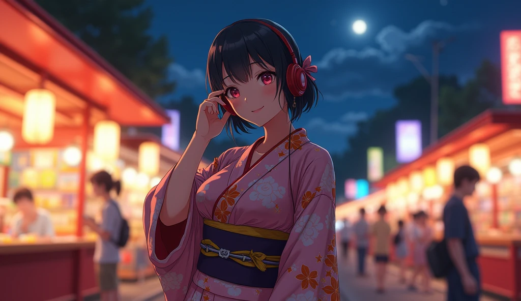 Perfect image, 8k、summer、night、high school girl、Mature、yukata、Big Breasts、looks fun、smile、Using headphones、festival、stall、 2D-style animation, Lo-Fi、Retro、Emotional、Anime style illustrations