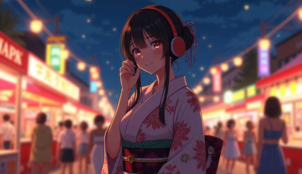 Perfect image, 8k、summer、night、high school girl、Mature、yukata、Big Breasts、looks fun、smile、Using headphones、festival、stall、 2D-style animation, Lo-Fi、Retro、Emotional、Anime style illustrations