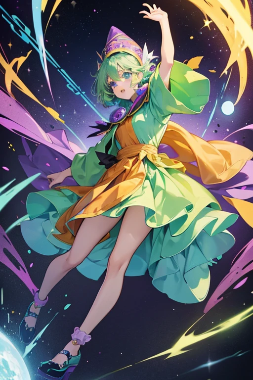 She has light green hair and cyan eyes. 

She wears an orange hooded robe, a purple dress, a purple mage band on her head, and black shoes. SPARKLE; GLITTER