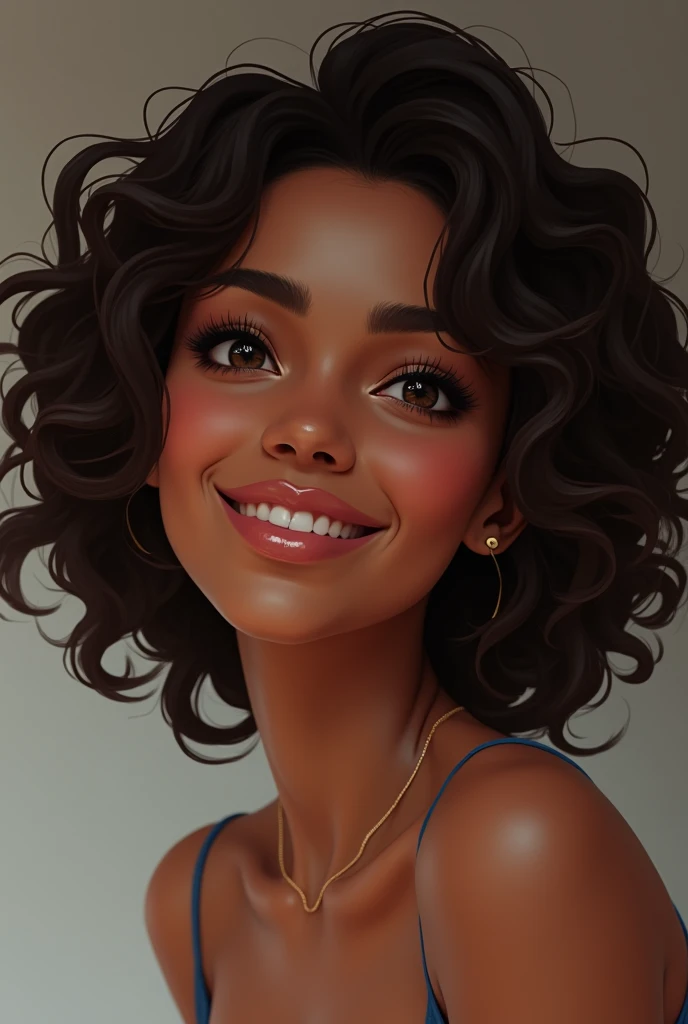 Face of a Brazilian woman, black,rounded face, with a slight cheek and round chin,with dark brown eyes,big teats, long and striking, black eyebrows and eyelashes, round nose slightly flattened, average size, mouth with thick lips in a slightly pink color with a smile on the face that leads to highlighting only a dimple on the side of the cheek, very curly dark brown hair with honey-colored highlights.
