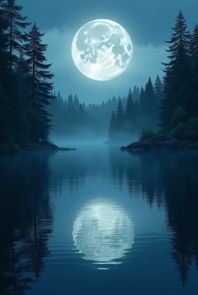 Moon reflecting in a lake in the forest