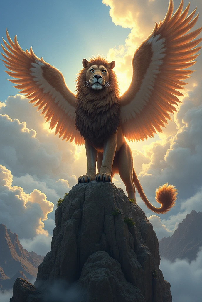 a painting of a lion with wings on a cliff, gryphon, furry fantasy art, mythical creature, griffin-like style, flying mythical beasts, 4k fantasy art, epic fantasy digital art style, symmetrical epic fantasy art, amazing wallpaper, epic fantasy art style, realistic fantasy artwork, mythical creatures, high quality fantasy art, epic fantasy digital art