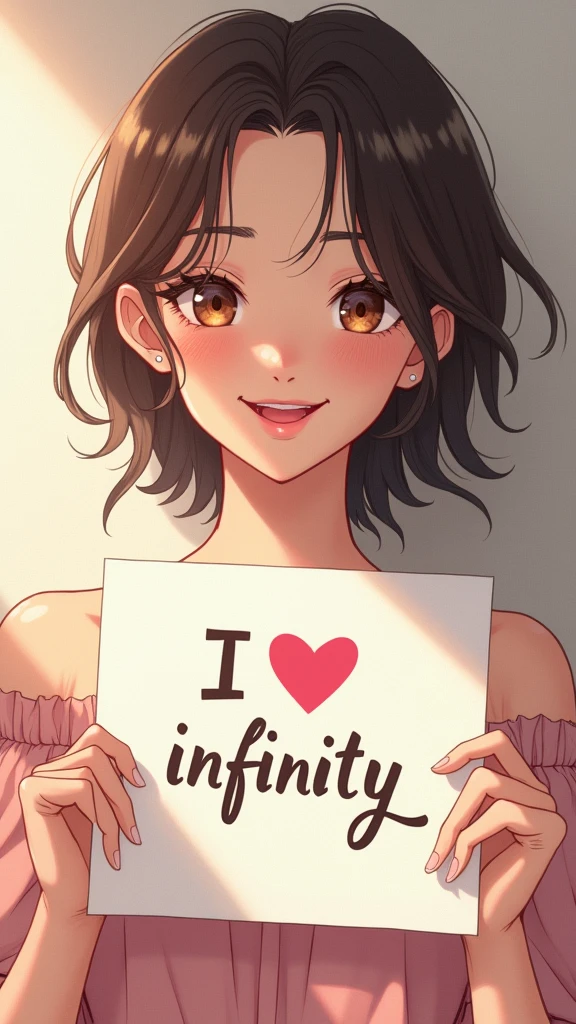 a beautiful and cute woman holding up a sign "i love infinity", joyful, happy, anime illustration, photorealistic, oil painting