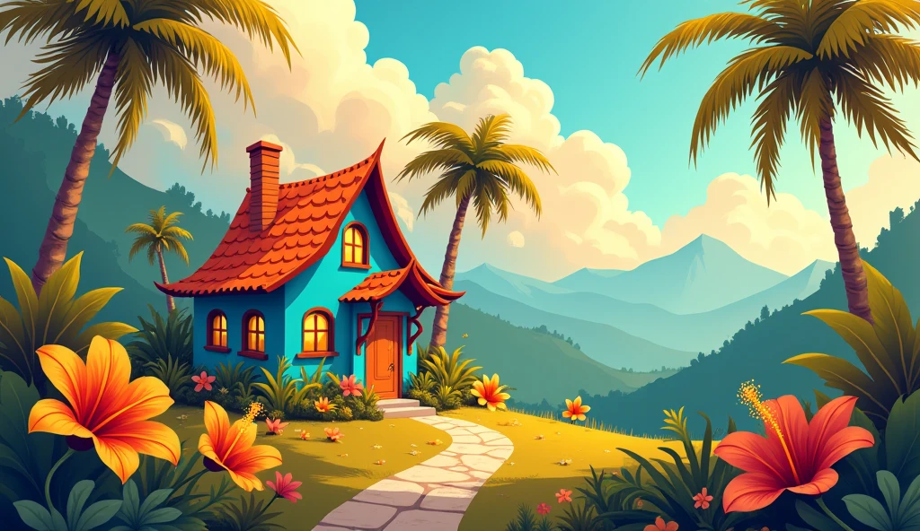 A whimsical and fantastical digital illustration of a cozy, magical cottage nestled in an enchanted tropical-autumnal landscape. The cottage, with its charmingly crooked blue walls and a roof that seems to shimmer in shades of orange and gold, is surrounded by a mix of towering, spiraling trees, including coconut palms with exaggerated, curling fronds that dance in the breeze. The foliage is a blend of oversized, fantastical tropical leaves in vibrant hues of teal, emerald, and lime, with hints of glowing edges. The sky is a surreal blend of swirling, fluffy clouds in shades of peach, cream, and coral, resembling cotton candy. The foreground bursts with impossibly large, enchanted flowers in shades of warm yellow, fiery orange, and deep crimson, interspersed with exotic, magical blooms like glowing hibiscus and bird of paradise flowers with petals that sparkle. The rolling hills behind the cottage are softly undulating, leading to distant, mist-covered mountains that seem to float slightly above the ground, hinting at a hidden realm beyond. The entire scene is bathed in a warm, otherworldly glow, with whimsical, curving lines and playful textures, creating an atmosphere of enchanted tranquility and dreamy wonder, where the coconut trees gently sway as if part of a fairytale dance