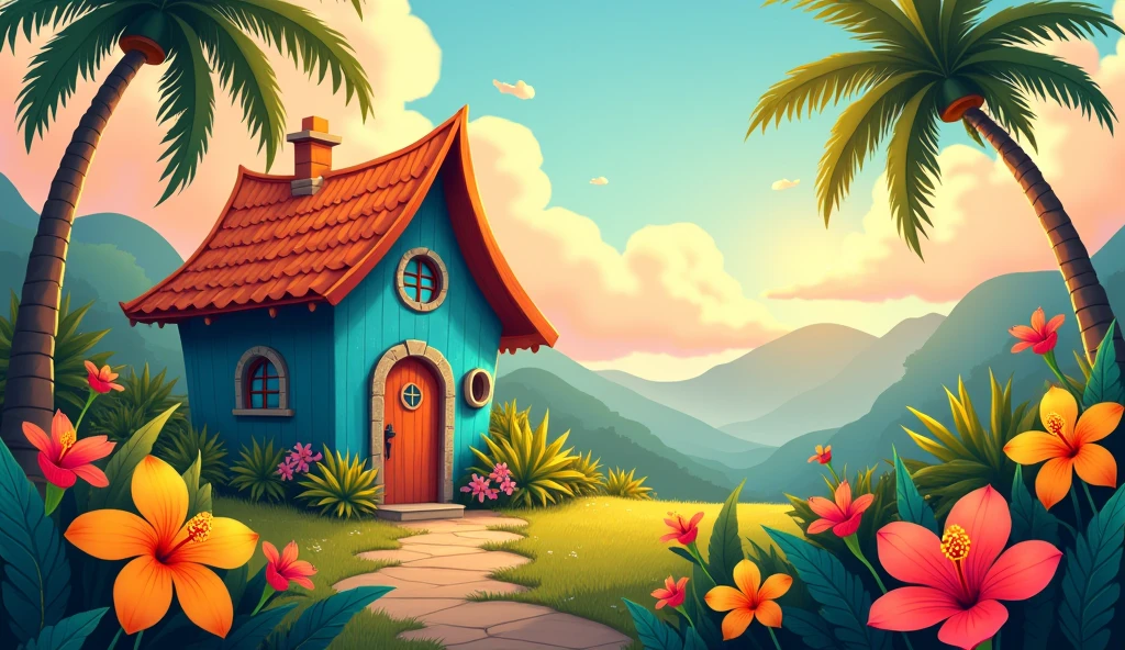 A whimsical and fantastical digital illustration of a cozy, magical cottage nestled in an enchanted tropical-autumnal landscape. The cottage, with its charmingly crooked blue walls and a roof that seems to shimmer in shades of orange and gold, is surrounded by a mix of towering, spiraling trees, including coconut palms with exaggerated, curling fronds that dance in the breeze. The foliage is a blend of oversized, fantastical tropical leaves in vibrant hues of teal, emerald, and lime, with hints of glowing edges. The sky is a surreal blend of swirling, fluffy clouds in shades of peach, cream, and coral, resembling cotton candy. The foreground bursts with impossibly large, enchanted flowers in shades of warm yellow, fiery orange, and deep crimson, interspersed with exotic, magical blooms like glowing hibiscus and bird of paradise flowers with petals that sparkle. The rolling hills behind the cottage are softly undulating, leading to distant, mist-covered mountains that seem to float slightly above the ground, hinting at a hidden realm beyond. The entire scene is bathed in a warm, otherworldly glow, with whimsical, curving lines and playful textures, creating an atmosphere of enchanted tranquility and dreamy wonder, where the coconut trees gently sway as if part of a fairytale dance