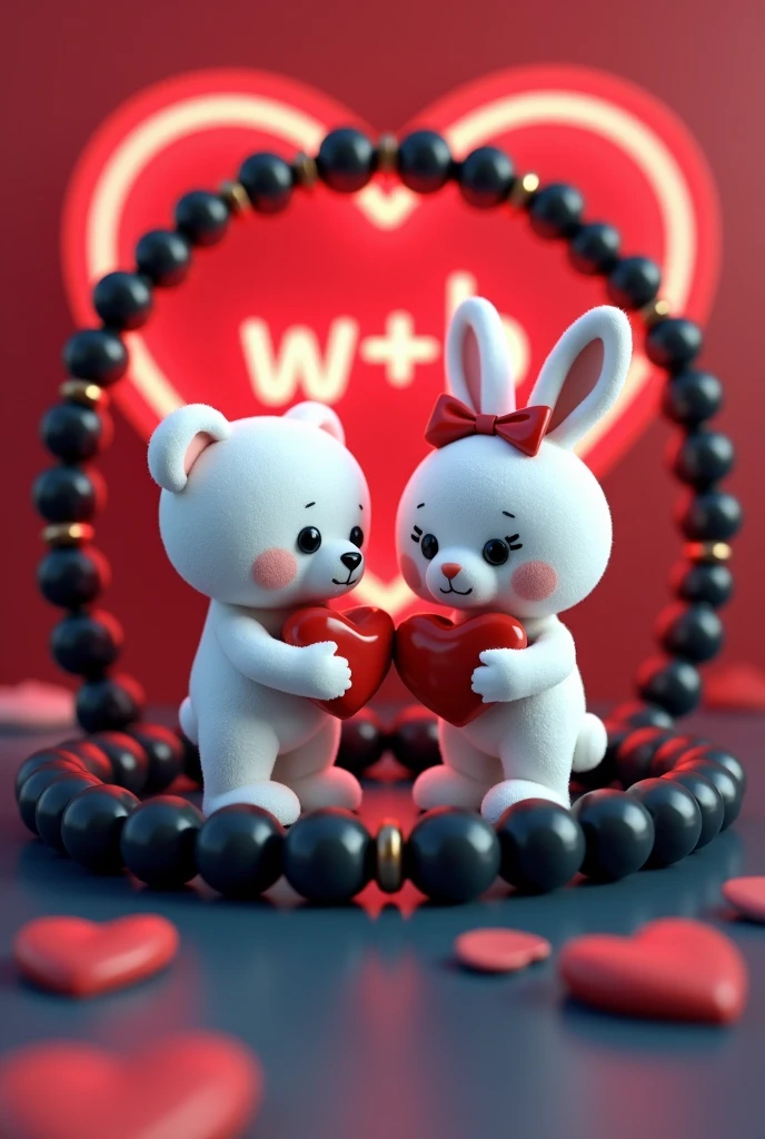 A 3D render of a white teddy bear and a white bunny rabbit wearing a red bow holding a red heart "W + B" written on it in Capital alphabets, are standing in a black beaded bracelet. The bracelet is sitting on a dark red and blue surface with a neon red heart shape in the background.  The image is in the style of a cute cartoon.