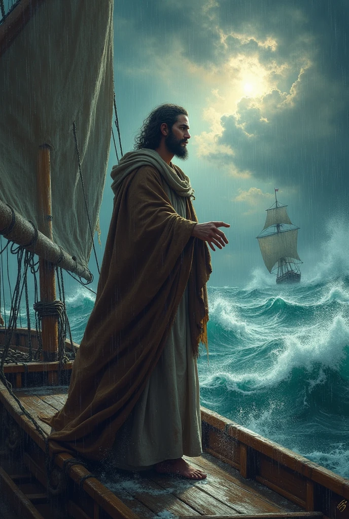 Apostle Paul on a ship in the middle of a storm heading to Rome