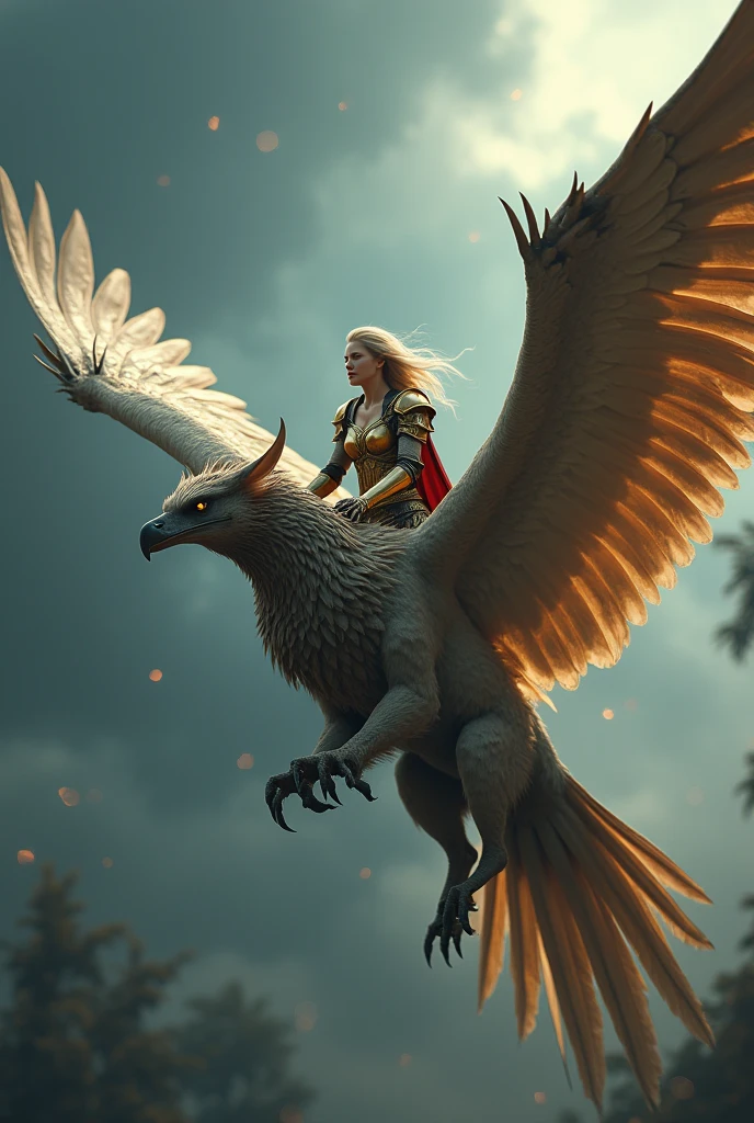 a griffin flying with a lady knight, fantasy, intricate detailed rendering, cinematic lighting, hyper realistic, dramatic composition, dramatic sky, glowing magical effects, volumetric fog, highly detailed fantasy armor, flowing cape, determined expression, epic adventure scene, rich color palette, chiaroscuro lighting, 8k, hyperdetailed, masterpiece