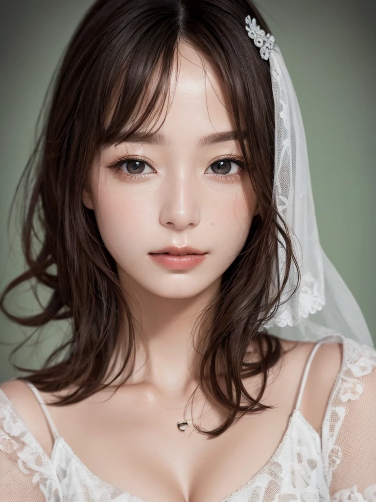 (Highest quality、8k、32K、masterpiece、Oil paints:1.2)、(Realistic)、(High resolution)、(Very detailed、Attention to detail、Rich skin detail)、Very cute face and eyes、One girl、独奏,Upper Body、Round and small face、perfect female body,large breasts,cleavage,Bright colors、curly hair, medium bob hair、fishnet stocking,