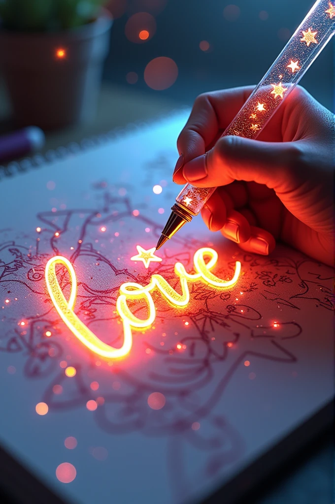 A mesmerizing, hyper-realistic 16K 3D illustration captures a magical moment of pure creativity. A talented artist is masterfully sketching a heartfelt message, "BTS -- Jin -- Rm --Suga -- Jhope -- Jimin -- V -- Jungkook. ", in a notebook. The text is composed of vibrant, color sepia stars that smoothly transition through the entire spectrum. The artist's hand, holding a transparent pen filled with radiant stars, is detailed exquisitely, symbolizing boundless creativity and imagination. The background is a three-dimensional sketchbook setting with scattered throughout, adding depth and dimension to this captivating, graffiti-inspired scene. The illustration radiates energy, movement, and vibrant colors, making it a true work of art that celebrates creativity and imagination., gra, cinematic, vibrant, graffiti, painting, typography, product, illustration, photo, 3d render, fashion, dark fantasy
