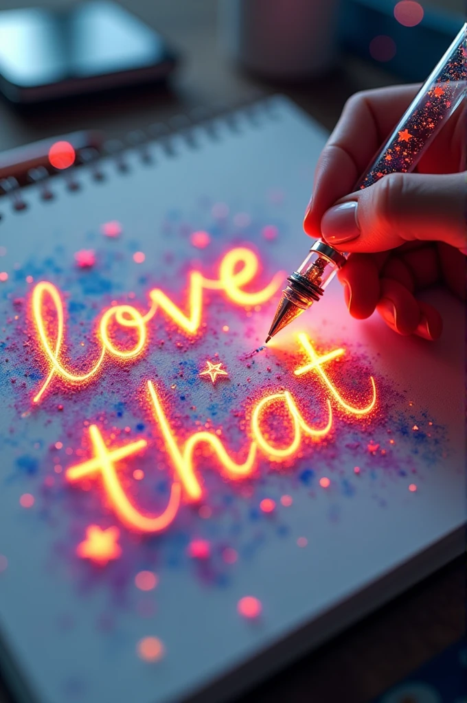A mesmerizing, hyper-realistic 16K 3D illustration captures a magical moment of pure creativity. A talented artist is masterfully sketching a heartfelt message, "BTS -- Jin -- Rm --Suga -- Jhope -- Jimin -- V -- Jungkook. ", in a notebook. The text is composed of vibrant, color sepia stars that smoothly transition through the entire spectrum. The artist's hand, holding a transparent pen filled with radiant stars, is detailed exquisitely, symbolizing boundless creativity and imagination. The background is a three-dimensional sketchbook setting with scattered throughout, adding depth and dimension to this captivating, graffiti-inspired scene. The illustration radiates energy, movement, and vibrant colors, making it a true work of art that celebrates creativity and imagination., gra, cinematic, vibrant, graffiti, painting, typography, product, illustration, photo, 3d render, fashion, dark fantasy