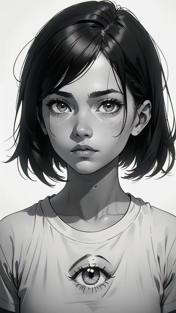 1 boyish girl, solo, sharp eyes, monochrome, greyscale, short black hair, portrait, white T-shirt, Thin eyebrows, closed mouth, looking at viewer, graphite \(medium\), detailed lips, hatching \(texture\), without makeup, bangs, upper body, (best illustration), (best quality), (very detailed), (masterpiece), expressionless,