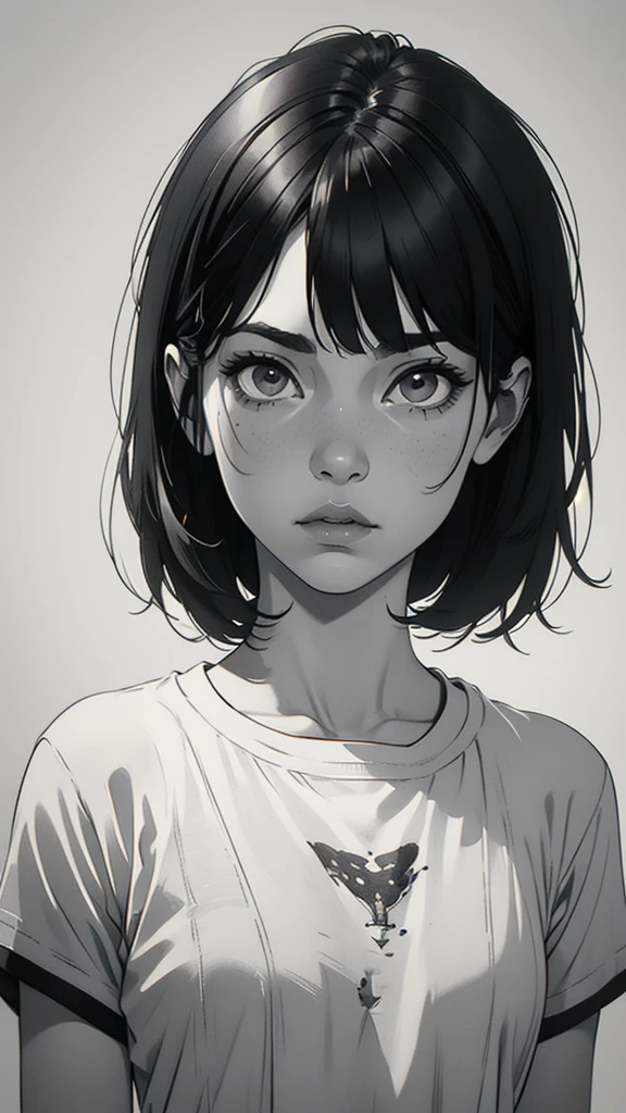 1 boyish girl, solo, sharp eyes, monochrome, greyscale, short black hair, portrait, white T-shirt, Thin eyebrows, closed mouth, looking at viewer, graphite \(medium\), detailed lips, hatching \(texture\), without makeup, bangs, upper body, (best illustration), (best quality), (very detailed), (masterpiece), expressionless,