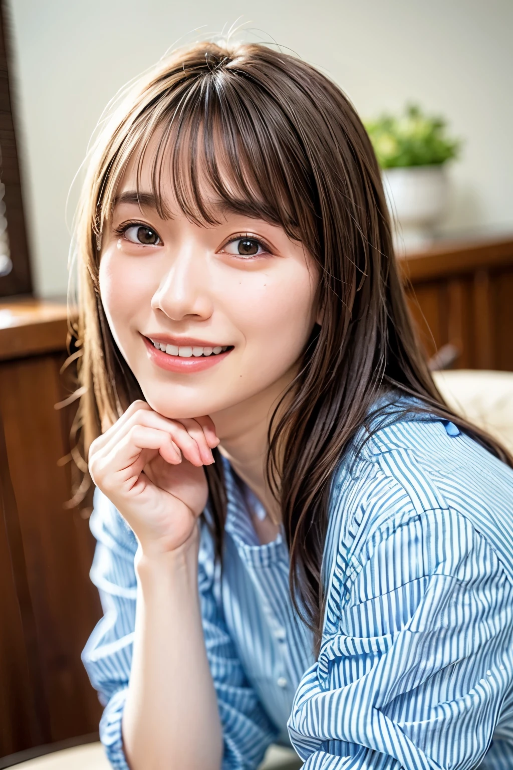 realistic, photo-realistic, best quality, masterpiece, intricate details, extremely detailed, face focus, solo, a Japanese woman, (blouse), dark hair, bangs, detailed face, detailed eyes, sophisticated nose, realistic nostrils, pale skin, big smile, photo background, indoors,