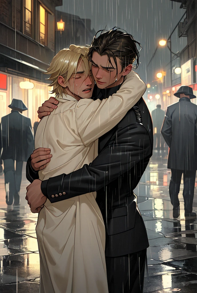 two men, blond hair, black hair, hugging each other in the rain crying, clothes from the thirties, night, old streets