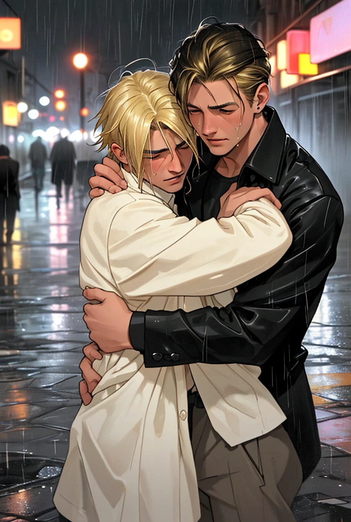 two men, blond hair, black hair, hugging each other in the rain crying, clothes from the thirties, night, old streets
