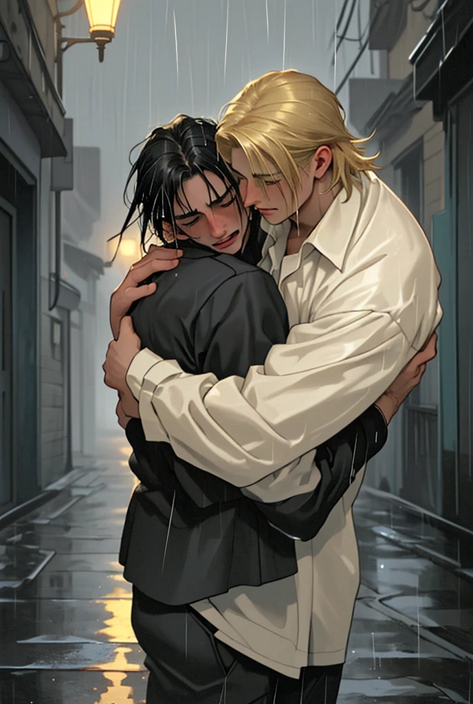 two men, blond hair, black hair, hugging each other in the rain crying, clothes from the thirties, night, old streets
