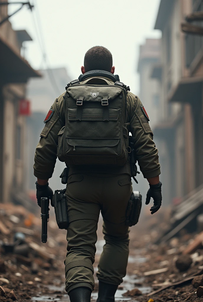 Video game characters, war game with backpack on back seen from behind