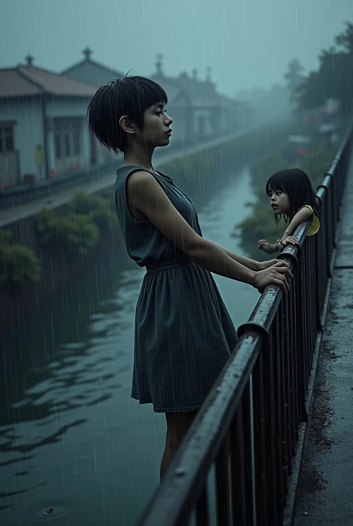 Bridge in the heavy rain outside a small town with a boy about to jump off but a girl grabs him by the arm before he can jump