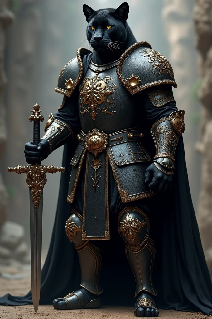 A black panther equipped with extremely stylish and imposing medieval armor, that looks strong and heavy. The armor must be beautiful and detailed.. From the waist up, the panther must appear with an intense, fixed gaze forward, holding a sword in a firm and resolute stance, Transmitting strength and determination