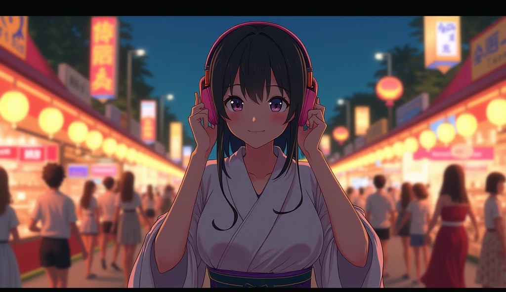 Perfect image, 8k、summer、night、high school girl、Mature、yukata、Big Breasts、looks fun、smile、Using headphones、festival、stall、 2D-style animation, Lo-Fi、Retro、Emotional、Anime style illustrations