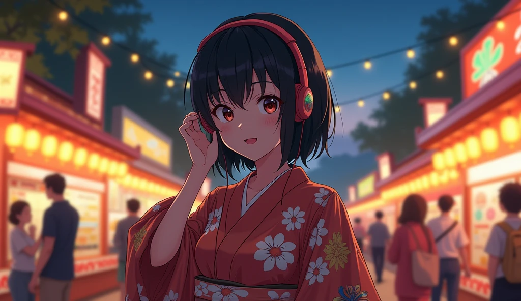 Perfect image, 8k、summer、night、high school girl、Mature、yukata、Big Breasts、looks fun、smile、Using headphones、festival、stall、 2D-style animation, Lo-Fi、Retro、Emotional、Anime style illustrations