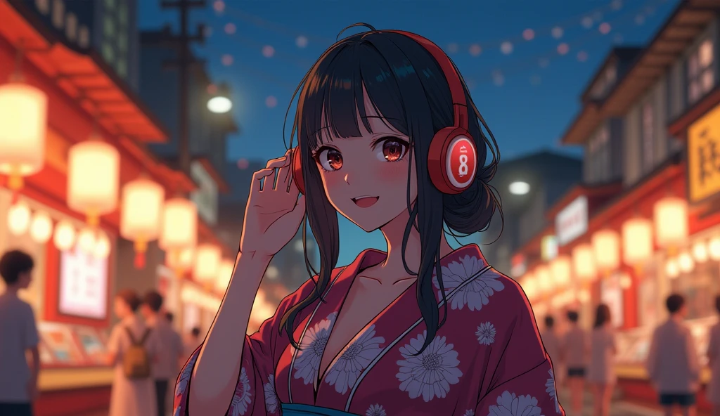 Perfect image, 8k、summer、night、high school girl、Mature、yukata、Big Breasts、looks fun、smile、Using headphones、festival、stall、 2D-style animation, Lo-Fi、Retro、Emotional、Anime style illustrations