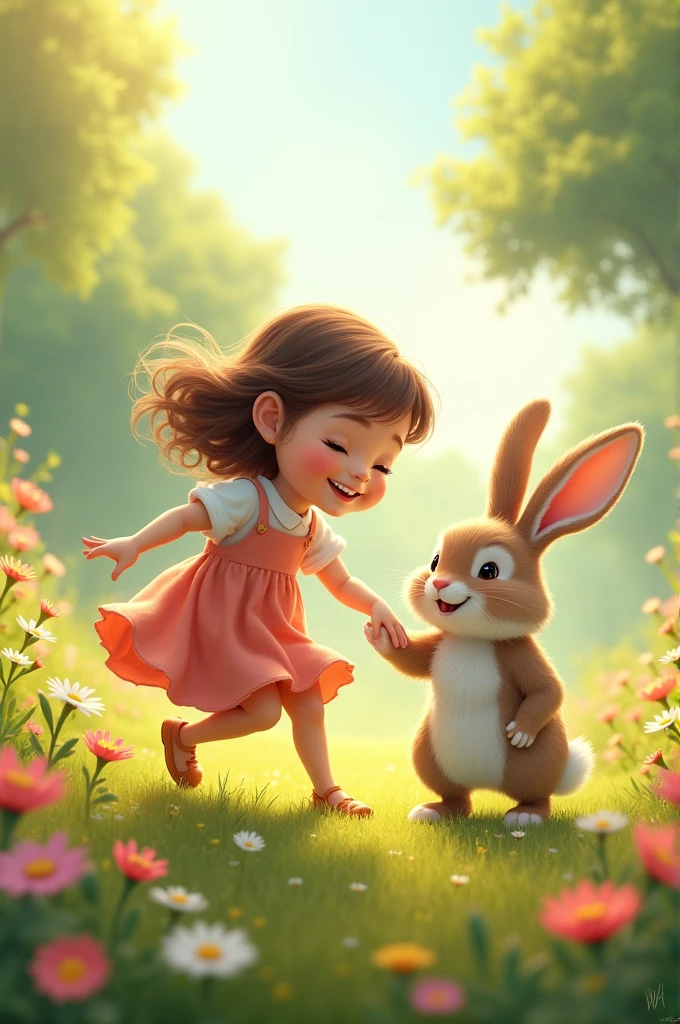 A cheerful scene of a girl and a rabbit playing together in a field, surrounded by colorful flowers.