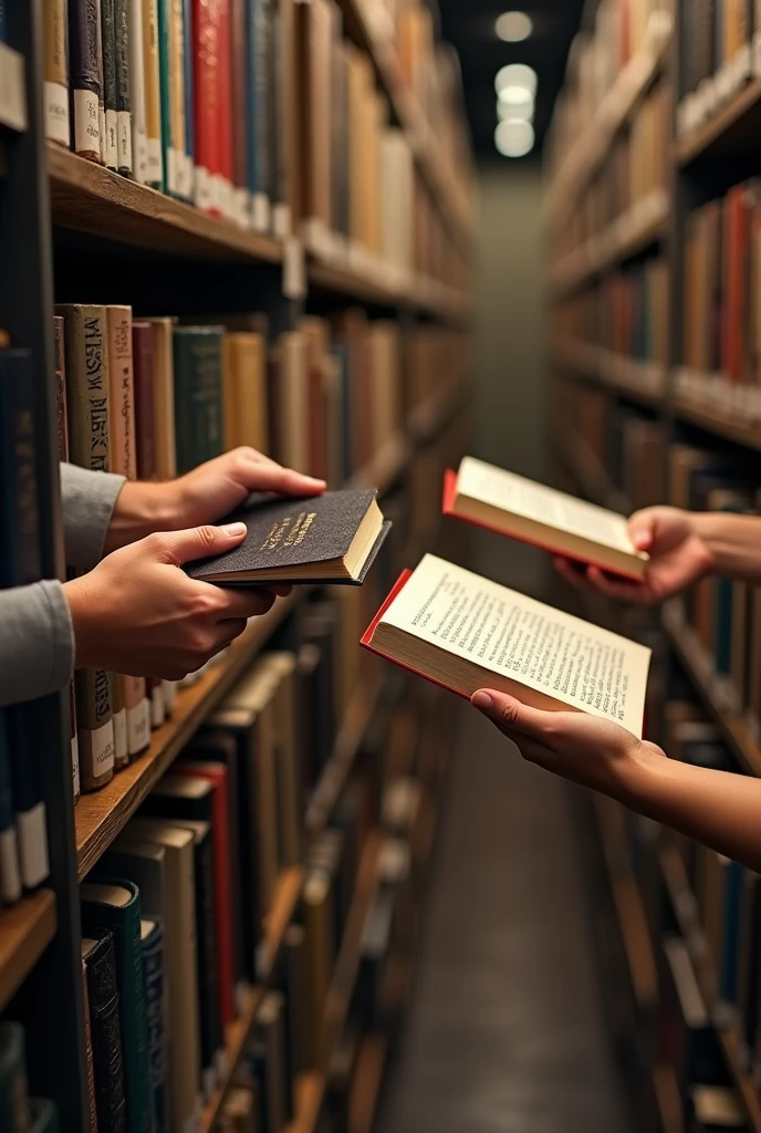 Two people pick up a book at the same time. Different books