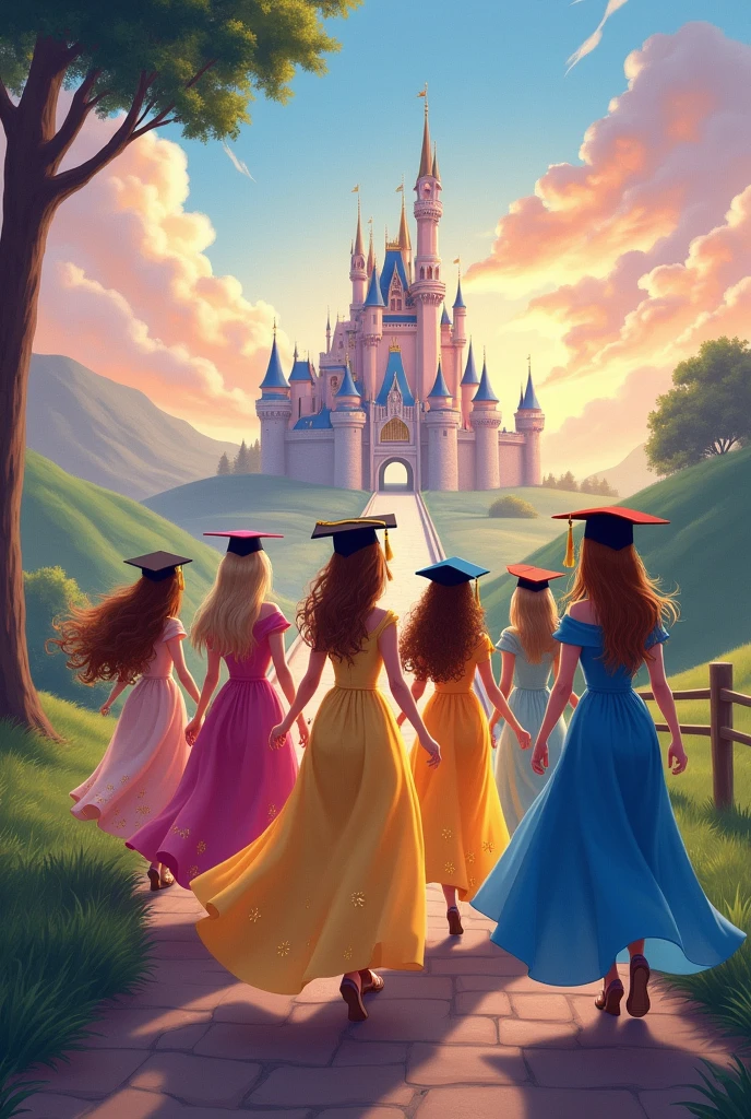 Disney princesses with graduation caps walking towards a new distant castle