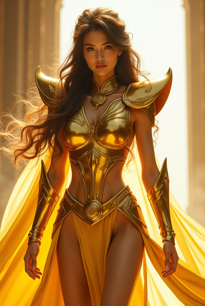 beautiful woman in saint saiya knight armor pieces aphrodite full body, real face japanese woman, beautiful, beautiful body, In the bright light of the film, the highly detailed depiction of Saint Seiya in gold cloth, pieces aphrodite, their iconic armor stands out. The armor shines brilliantly with a realistic and hyperrealistic level of detail, highlighting every part and its intrigue. The figure of Saint pieces aphrodite shura, standing tall, walking, exudes a sense of strength and determinat