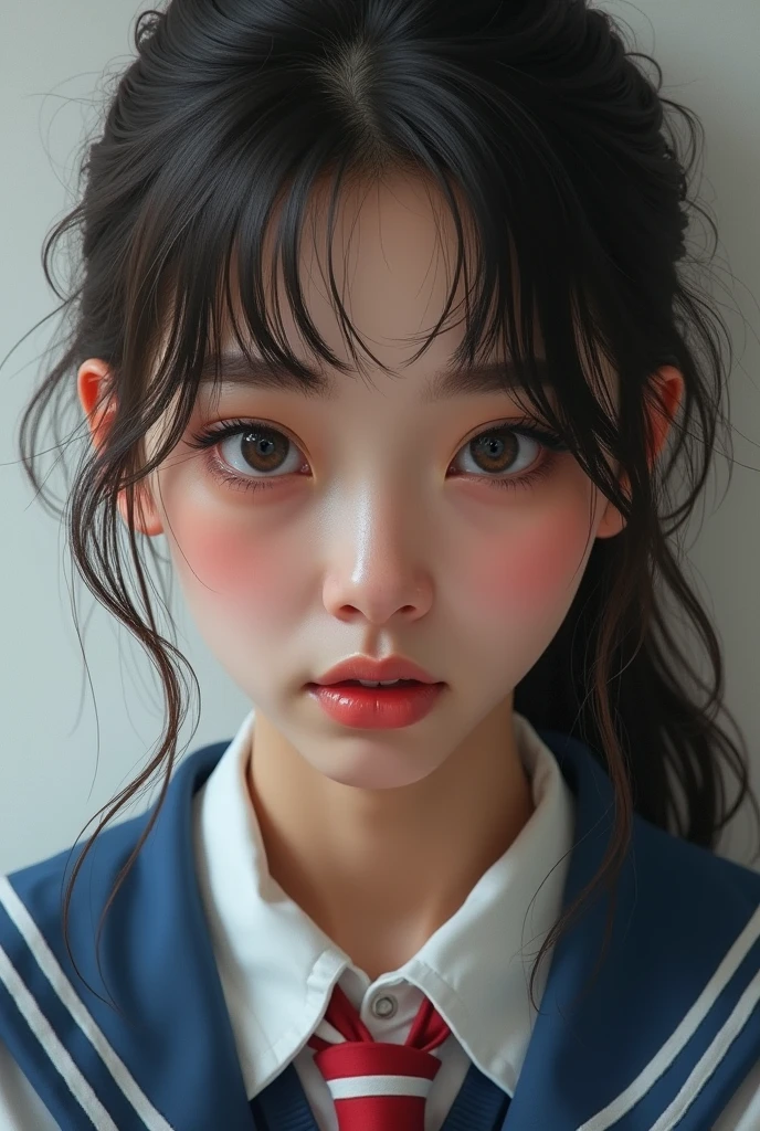 (Hyper realistic), (8k), (extremely detailed), (best illustration), (beautiful detailed eyes), (Best Quality), (ultra detailed), (masterpiece), (Wallpaper), (detailed face), Alone, 1 girl, one hour drawing challenge, wet sweat, (School uniform:1.3), Looking at the audience, exquisite details, detailed faces, ,pureerosfaceace_ v1,