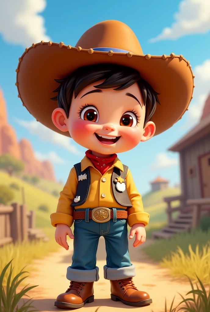  with cowboy hat happy face, Disney style full body