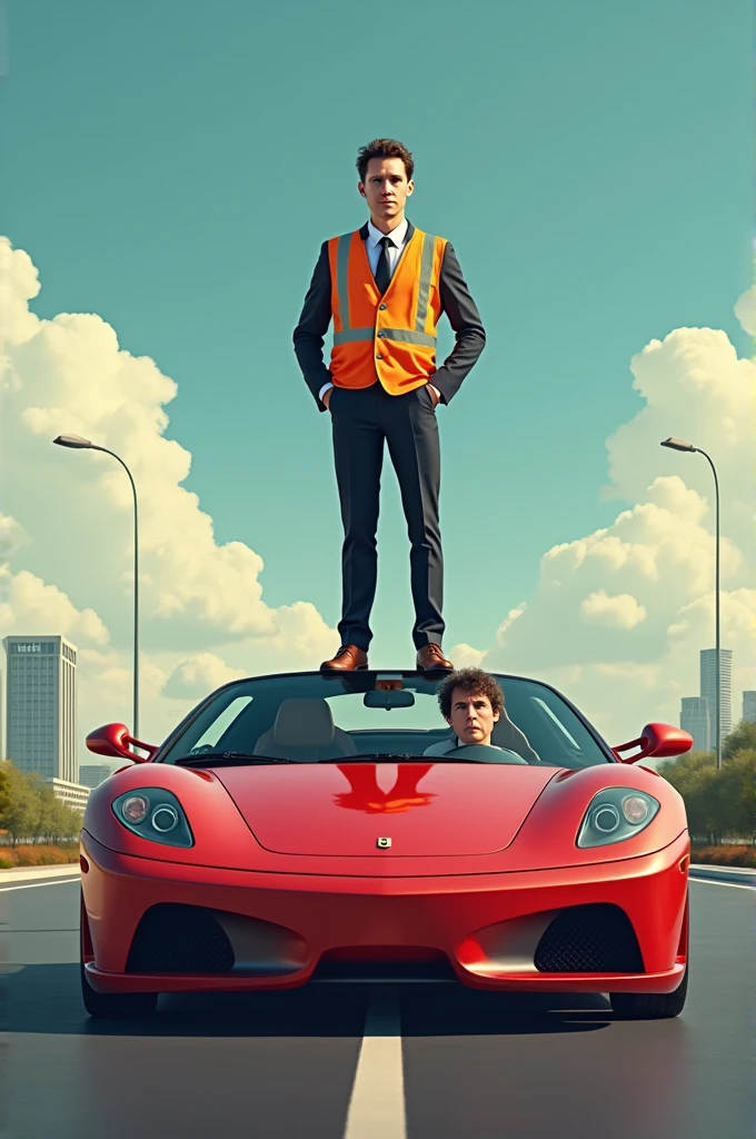 Create an image of an engineer on top of a sports car, The engineer must be wearing his safety vest and standing next to him is a lawyer dressed in a suit and stressed from his job in a very ugly car and he must have a sad face.