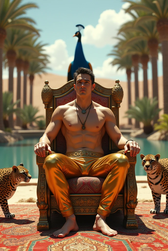 A handsome handsome shirtless man wearing gold pants sitting on a king&#39;s chair, thin white skin, in the desert palm tree behind a lake and a peacock with two leopards at his side, a rug under his feet and two Roman soldier men at his side