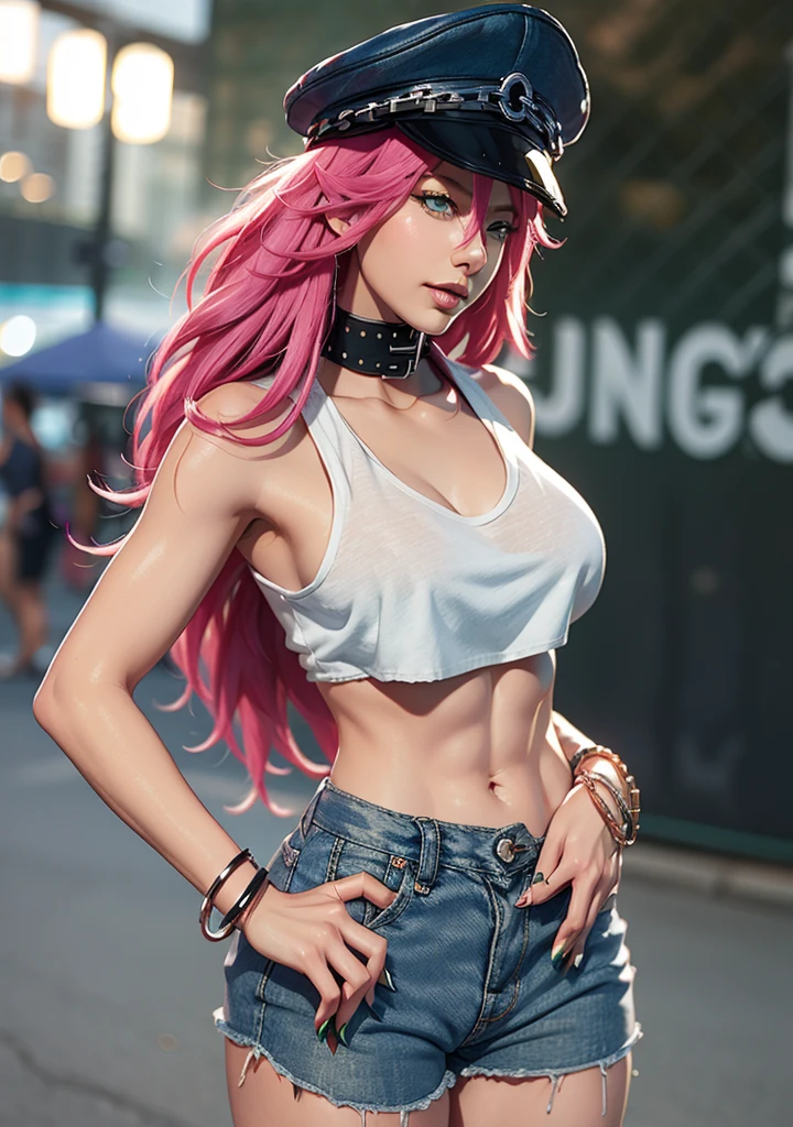 masterpiece, ultra high quality cg, best quality, perfect image, 1 beautiful woman, poison (sf), smiling, sexy breast, sexy ass, peaked cap, collar, green crop top, denim shorts, back view, flirty look