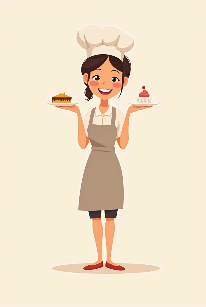 Minimalist cartoon of a woman pastry chef, looking calm, smiling and happy