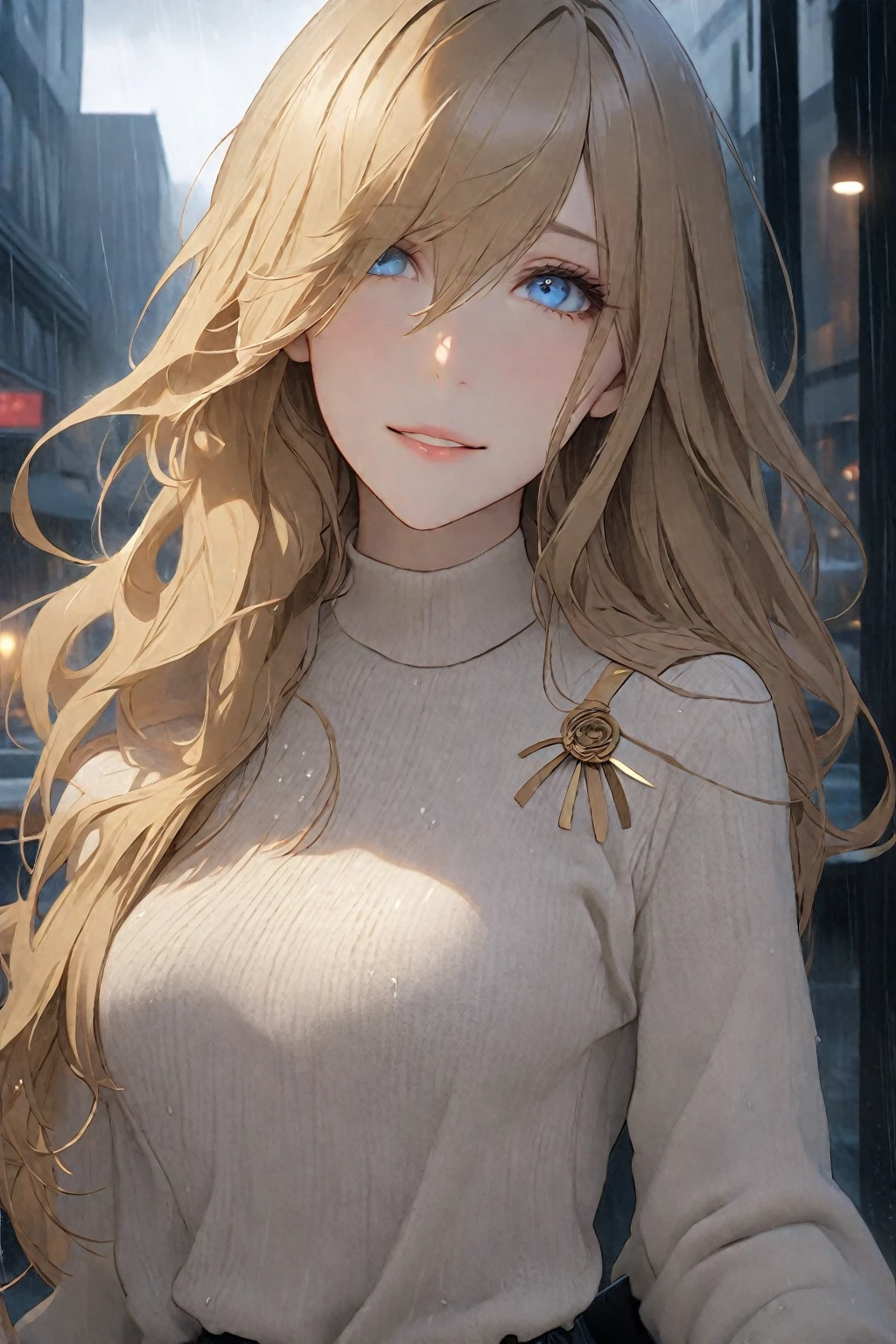  Long Hair, (blue eyes:1.3), Golden Hair, Hair between the eyes, smile,Mannish Fashion,
Long coat, Skinny pants, jewelry,Transparent black brown sweater, (Light brown sweater:1.2),
break  downtown,rain,
break looking at viewer, (Cowboy Shot),
break (masterpiece:1.2), Highest quality, High resolution, unity 8k wallpaper, (figure:0.8), (Beautiful attention to detail:1.6), Highly detailed face, Perfect lighting, Highly detailed CG, (Perfect hands, Perfect Anatomy),Hold the umbrella in own right hand
