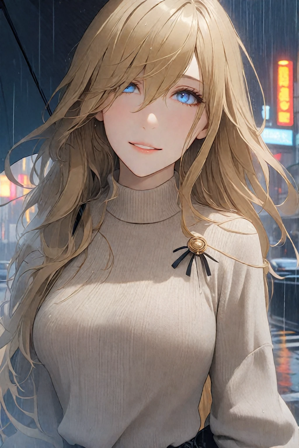  Long Hair, (blue eyes:1.3), Golden Hair, Hair between the eyes, smile,Mannish Fashion,
Long coat, Skinny pants, jewelry,Transparent black brown sweater, (Light brown sweater:1.2),
break  downtown,rain,
break looking at viewer, (Cowboy Shot),
break (masterpiece:1.2), Highest quality, High resolution, unity 8k wallpaper, (figure:0.8), (Beautiful attention to detail:1.6), Highly detailed face, Perfect lighting, Highly detailed CG, (Perfect hands, Perfect Anatomy),Hold the umbrella in own right hand